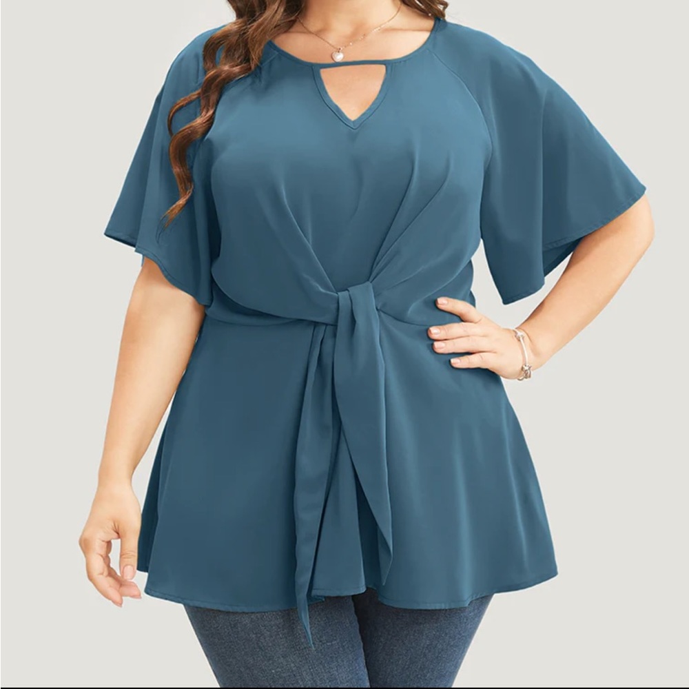 Plain Keyhole Knotted Front Ruffle Sleeve Blouse
